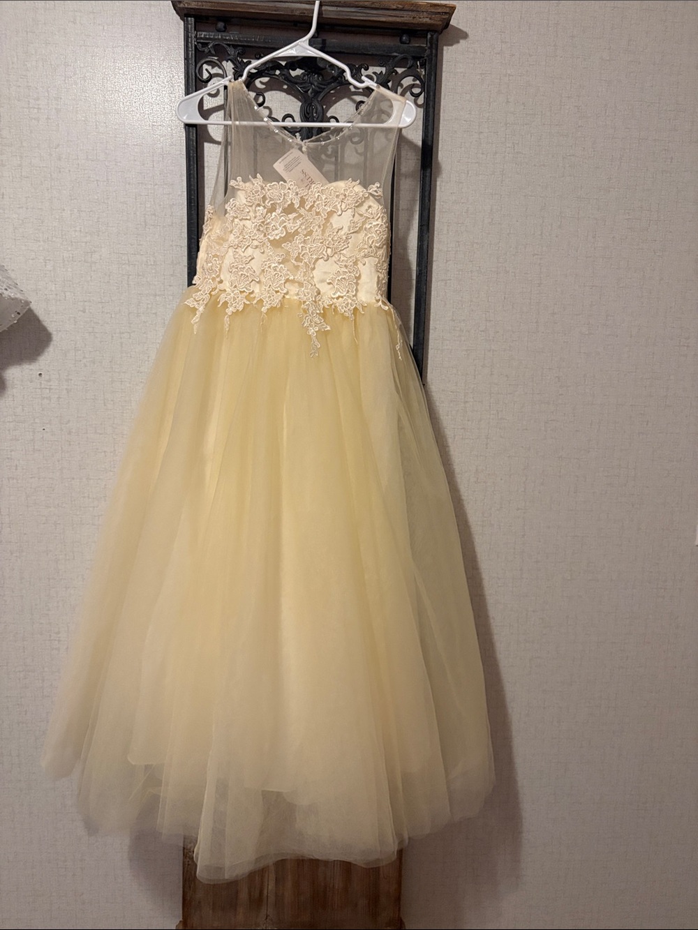 David's Bridal Pale Yellow Lace Appliqué Tulle Flower Girl Dress